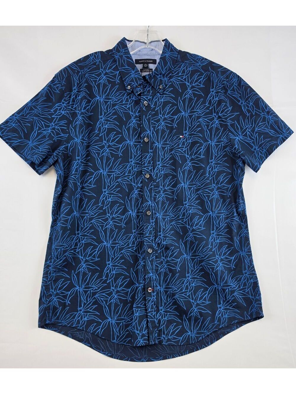 Tommy Hilfiger Men's XL Custom Fit Short Sleeve Button-Up Shirt Blue Leaf Print